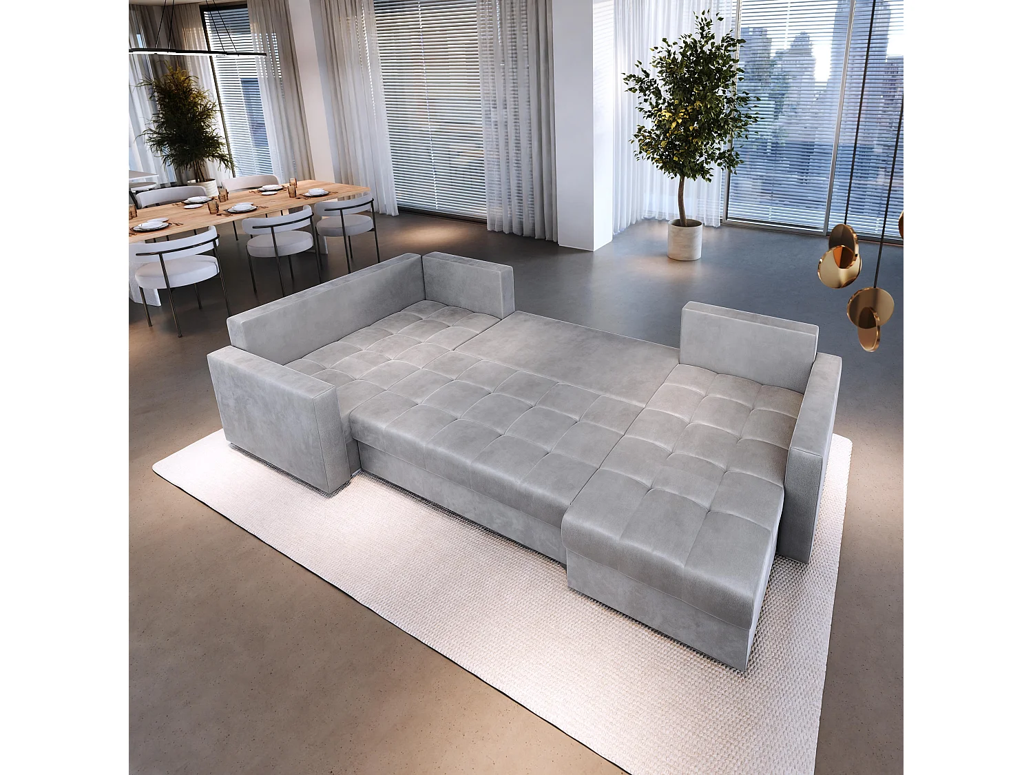 Canapé d'angle LORIVO Gris en peluche avec fonction de couchage