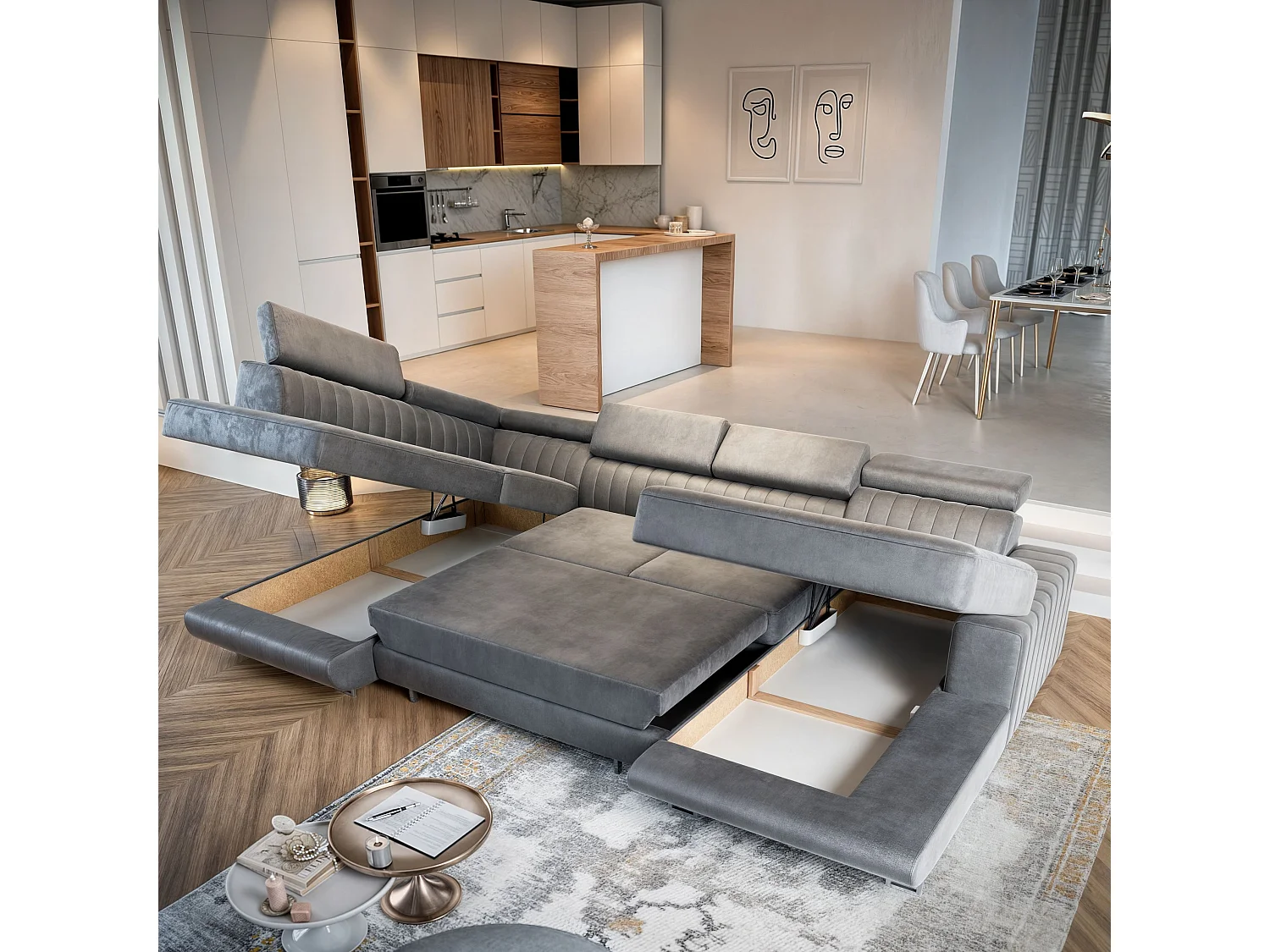 Canapé d'angle SIENA Gris clair en velours avec fonction de couchage