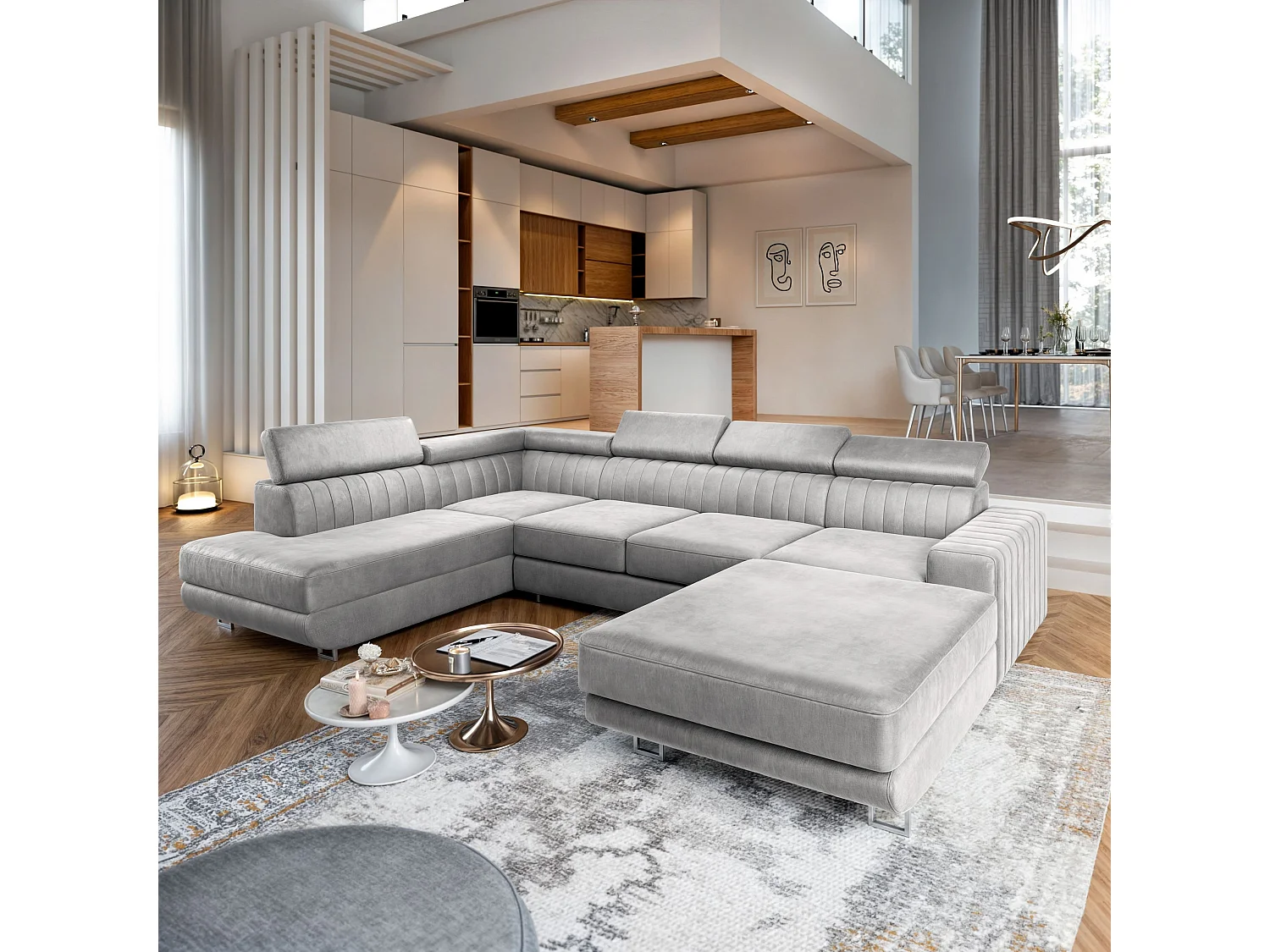 Hoekbank SIENA van fluweel met slaapfunctie Hellgrau