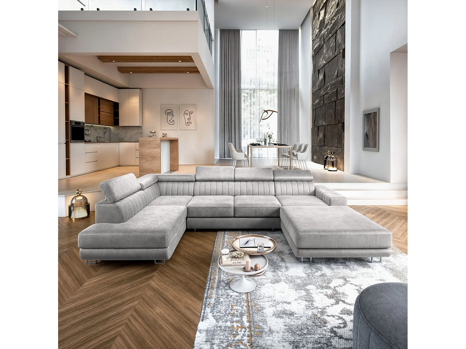 Canapé d'angle SIENA Gris clair en velours avec fonction de couchage