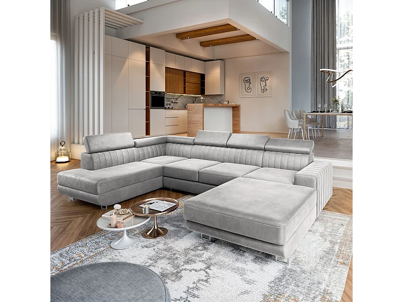 Canapé d'angle SIENA Gris clair en velours avec fonction de couchage