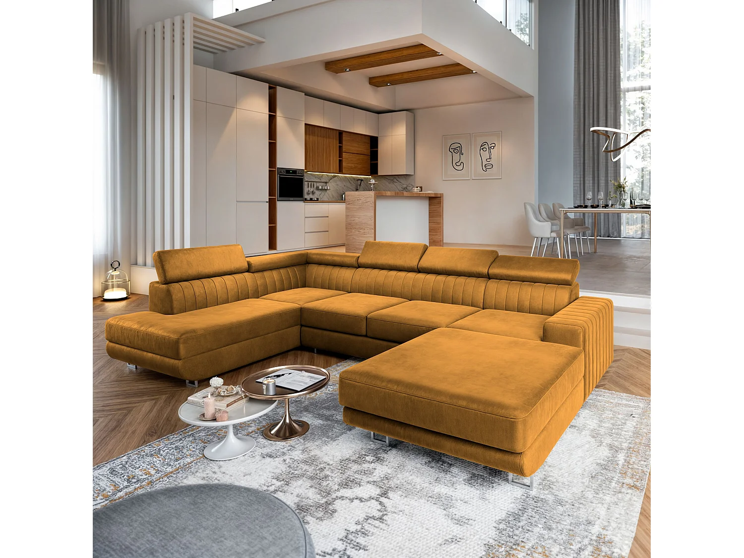 Canapé d'angle SIENA Jaune en velours avec fonction de couchage