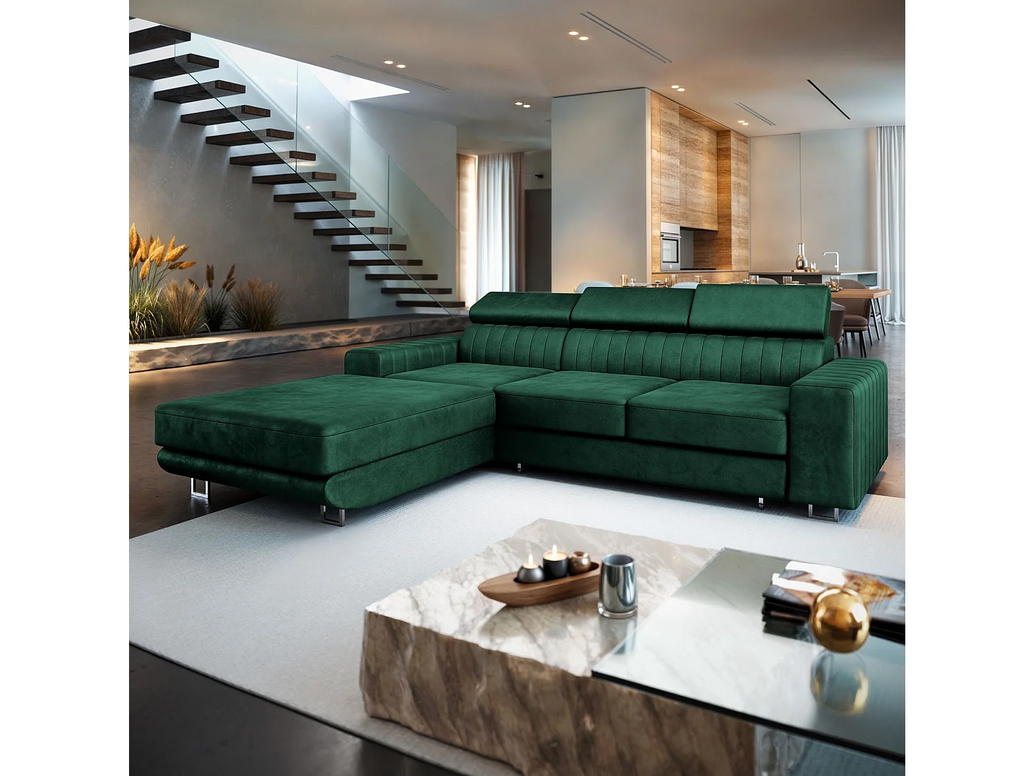 Canapé d'angle NOTO Vert Sapin en velours avec fonction de couchage