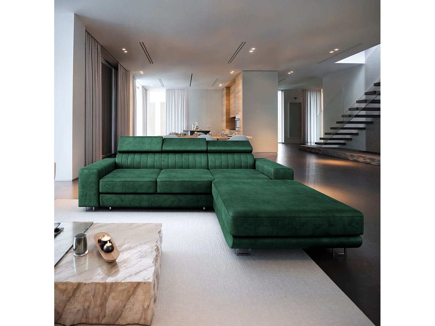 Canapé d'angle NOTO Vert Sapin en velours avec fonction de couchage