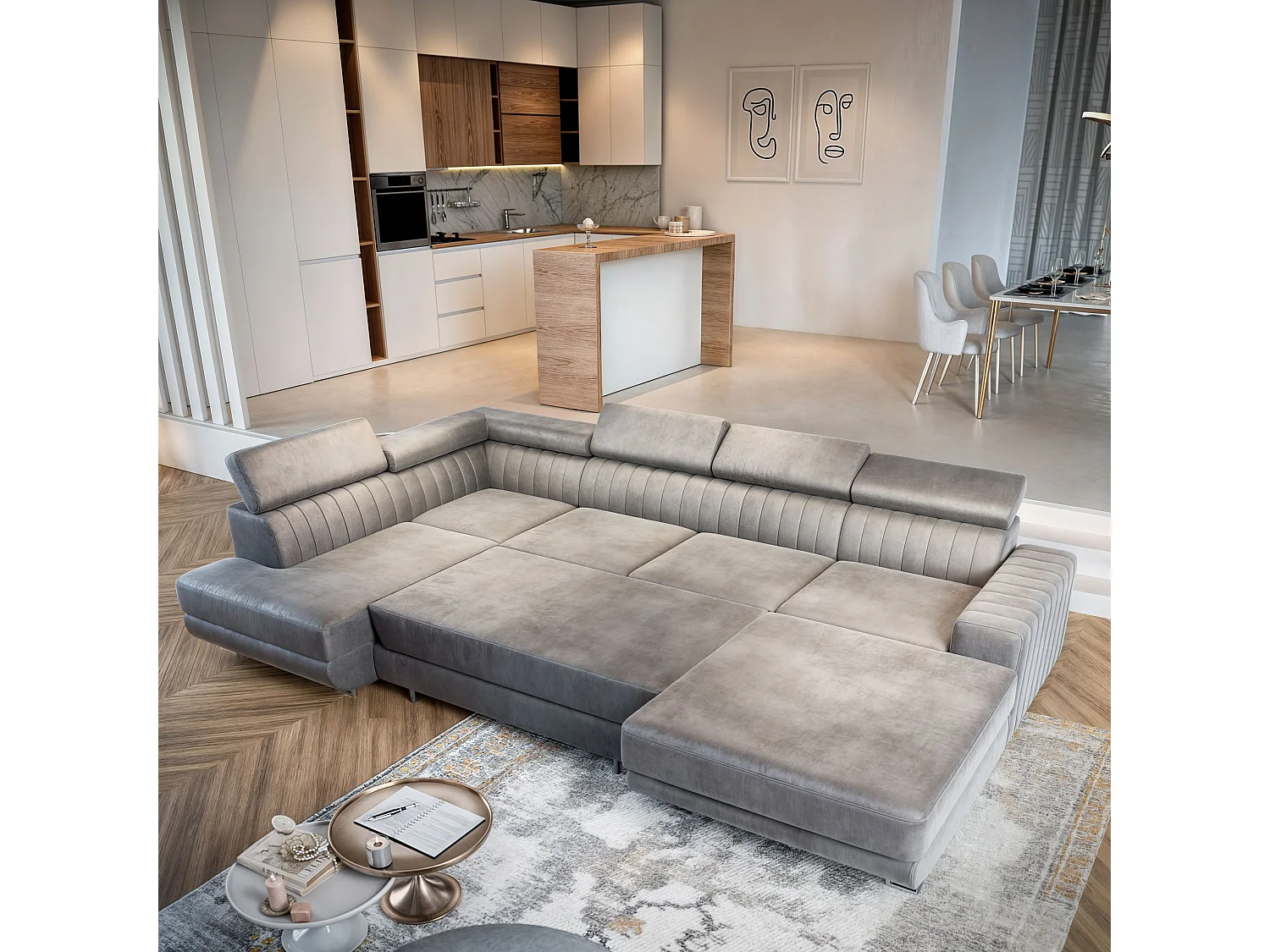 Canapé d'angle SIENA Beige en velours avec fonction de couchage