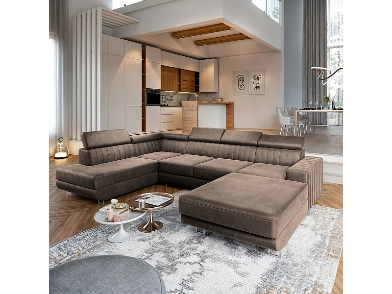 Hoekbank SIENA van fluweel met slaapfunctie Beige