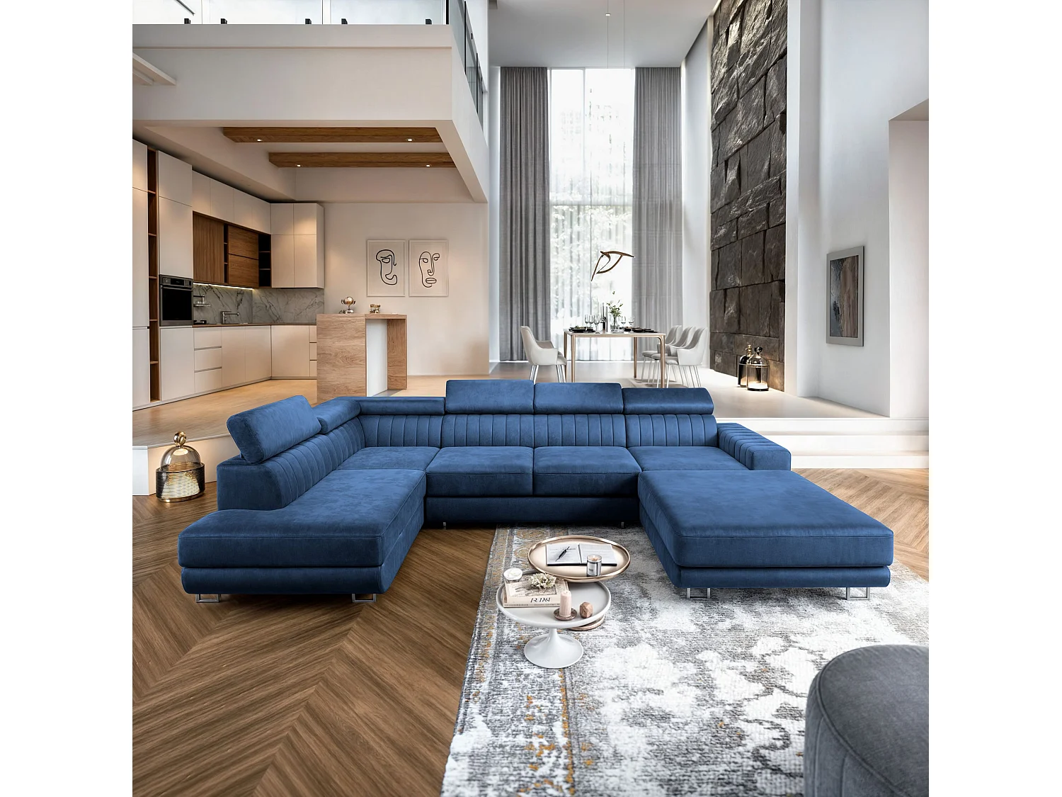 Hoekbank SIENA van fluweel met slaapfunctie Blau