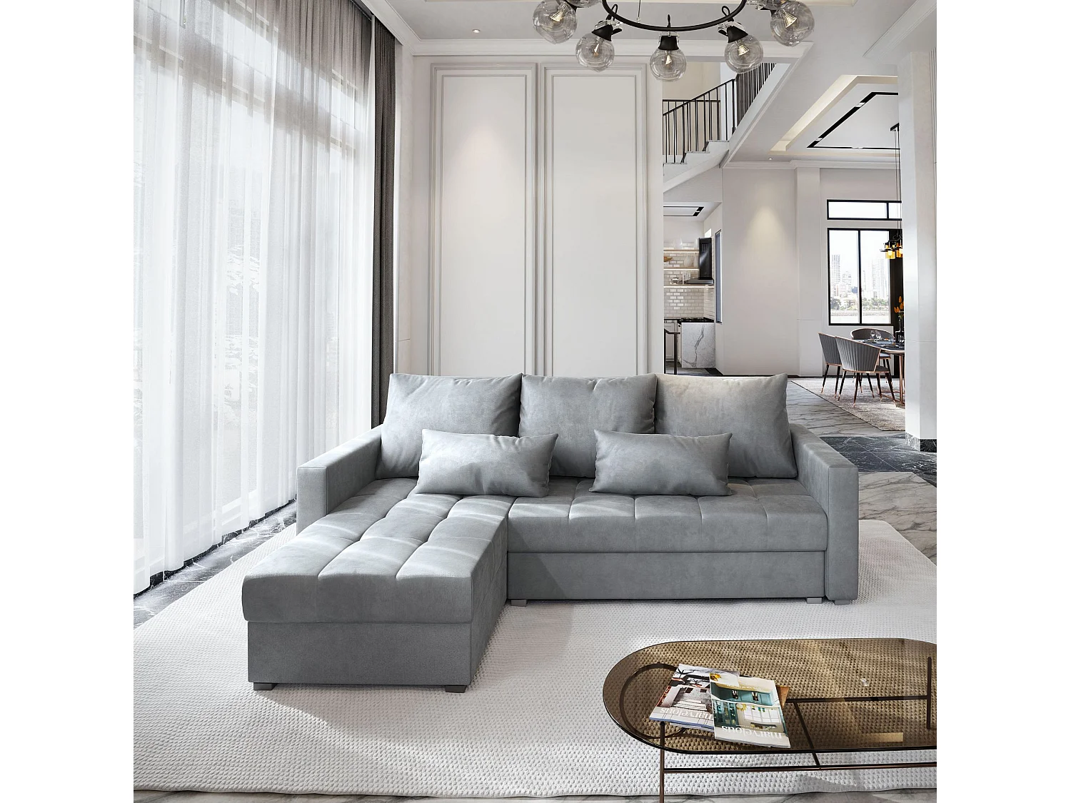 Canapé d'angle KOS Gris clair en velours avec fonction de couchage