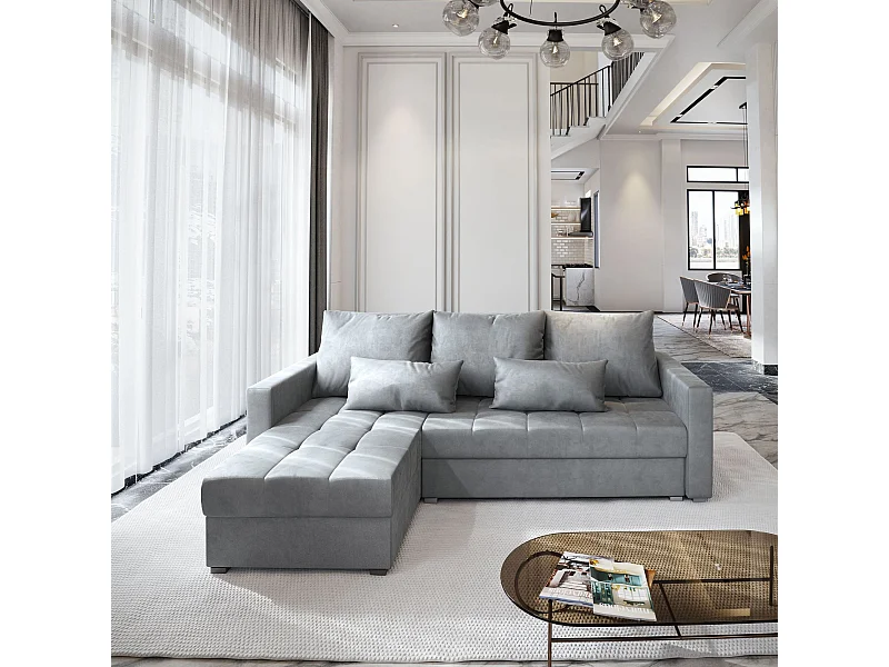 Canapé d'angle KOS Gris clair en velours avec fonction de couchage