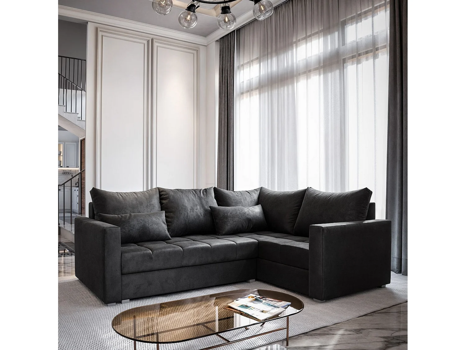 Canapé d'angle LIRENO Noir en peluche avec fonction de couchage