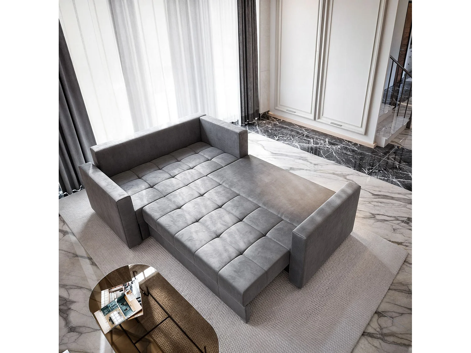 Canapé d'angle LIRENO Noir en peluche avec fonction de couchage