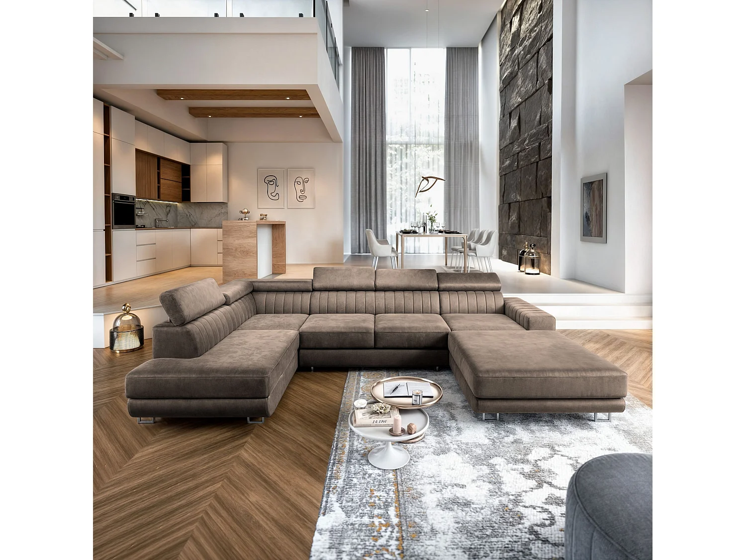 Canapé d'angle SIENA Beige en velours avec fonction de couchage