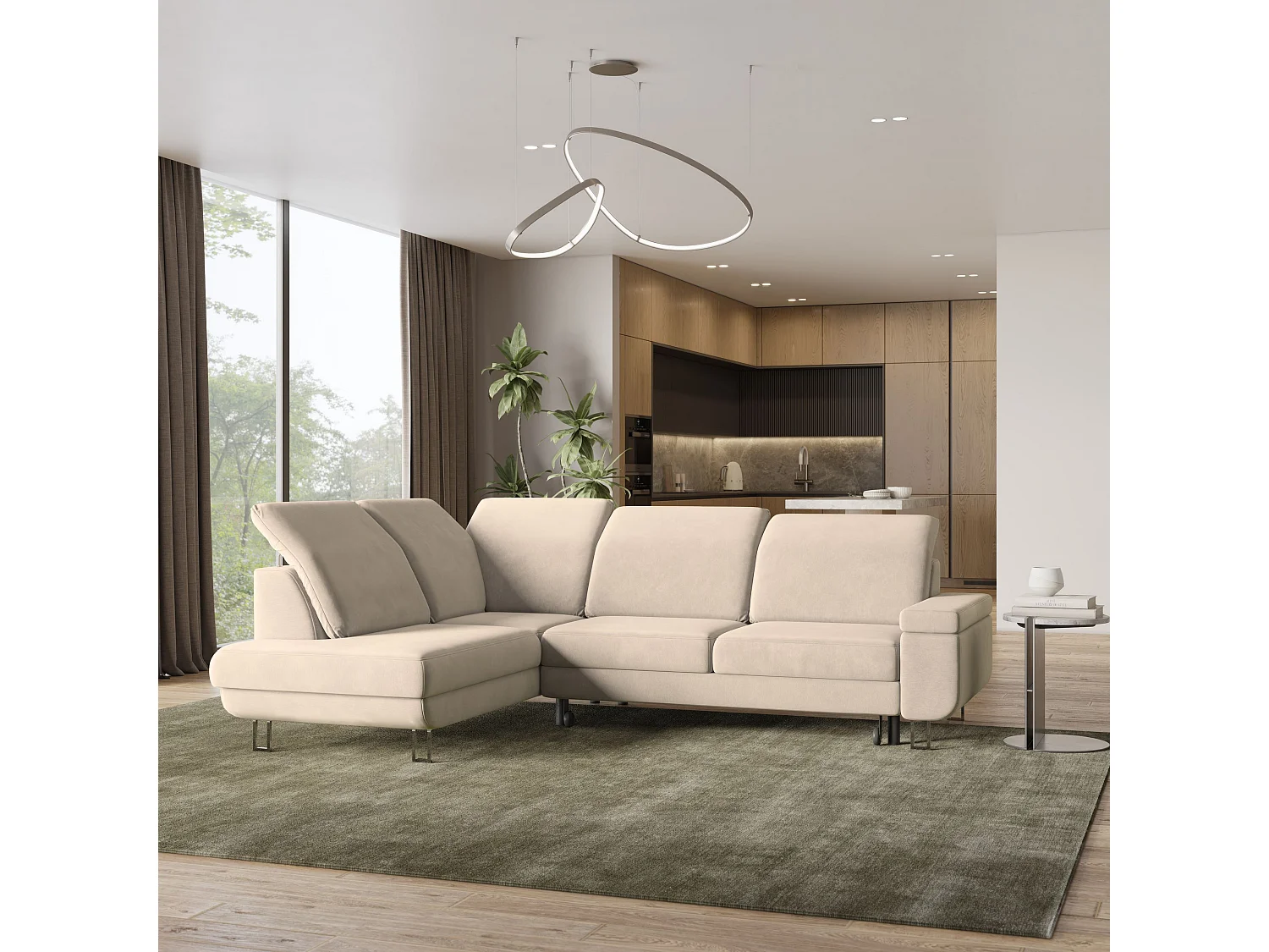 Canapé d'angle LERMA Crème en velours avec fonction de couchage