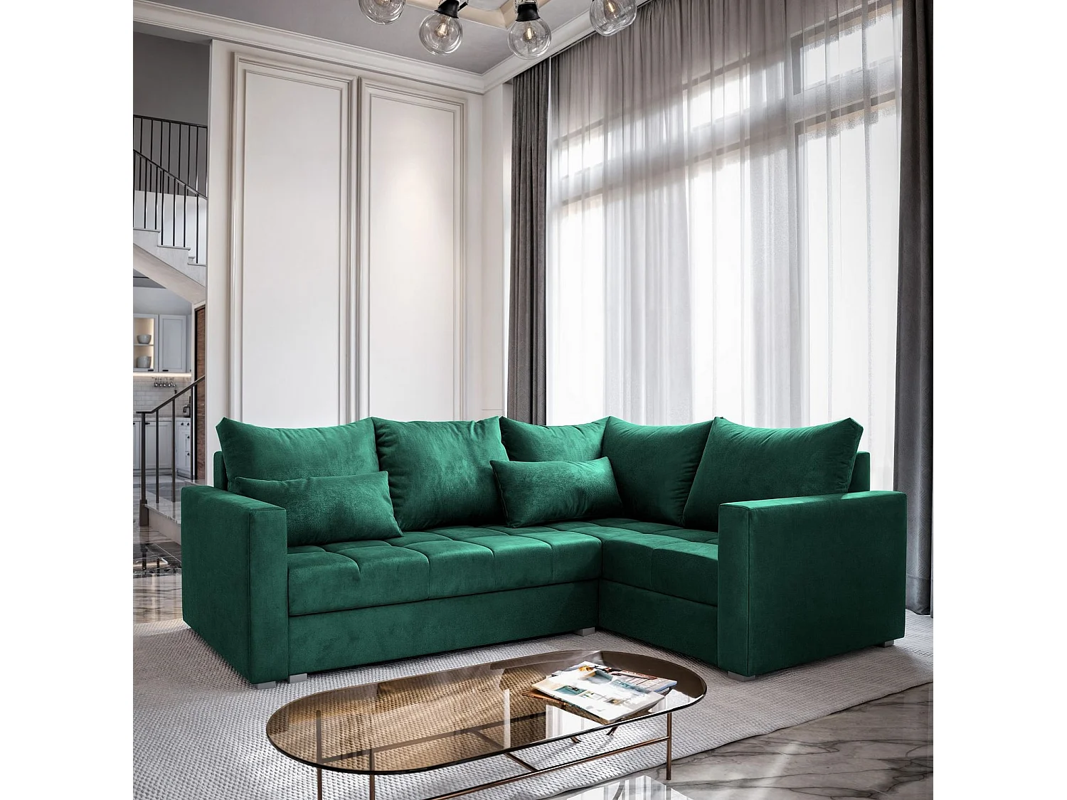 Canapé d'angle LIRENO Vert Sapin en peluche avec fonction de couchage