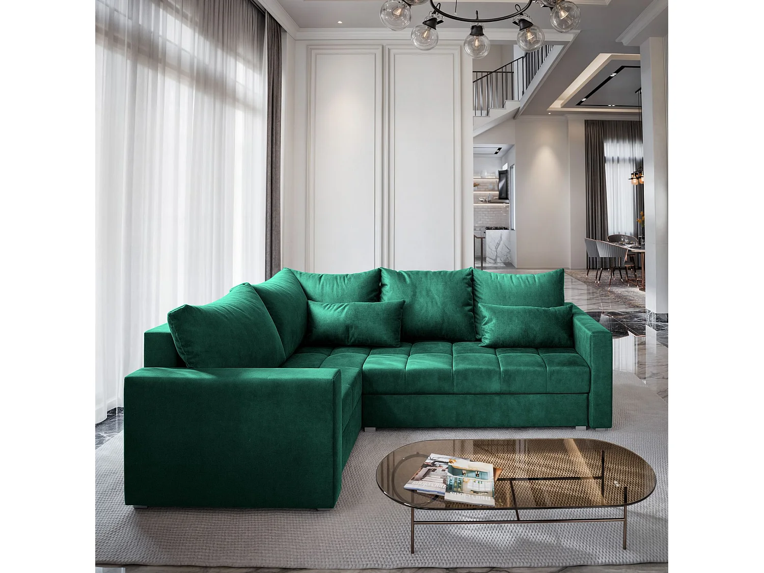 Canapé d'angle LIRENO Vert Sapin en peluche avec fonction de couchage