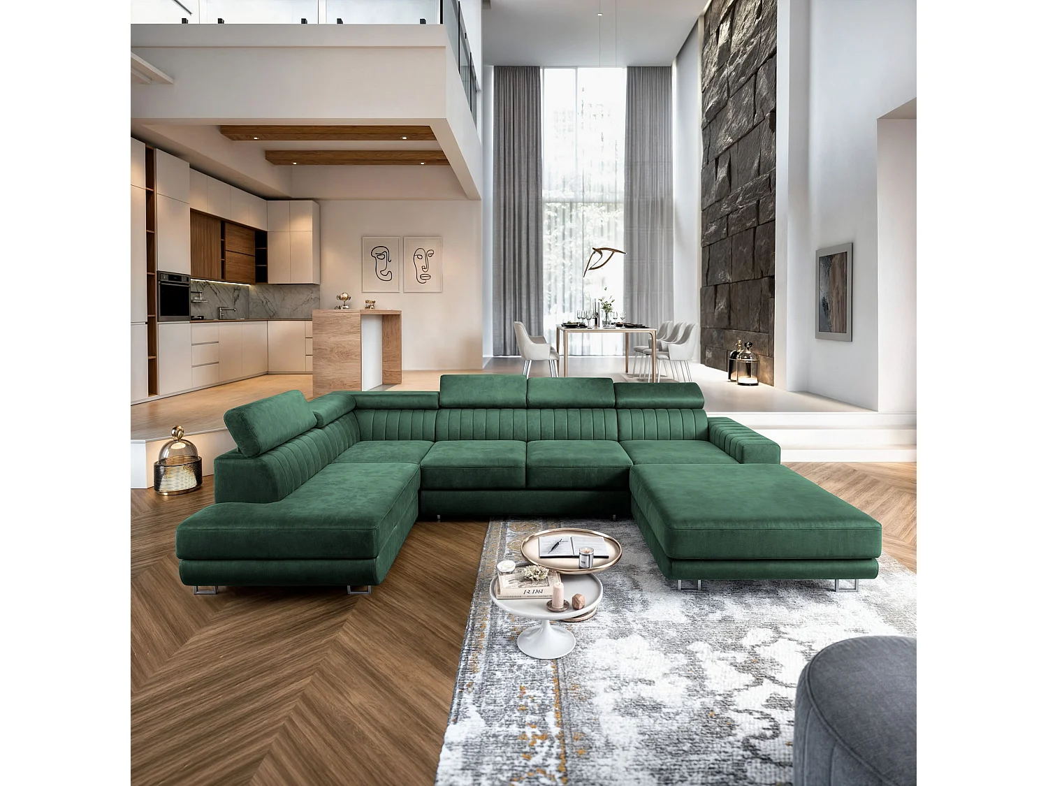 Hoekbank SIENA van fluweel met slaapfunctie Grün