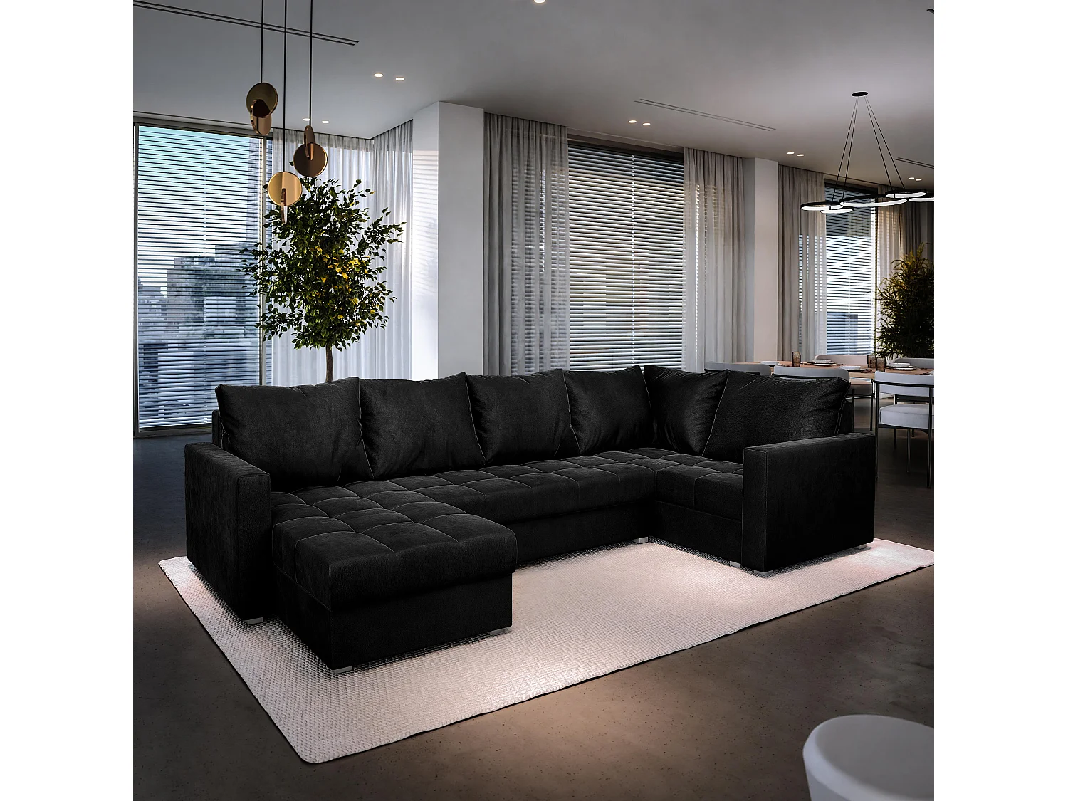 Canapé d'angle LORIVO Noir en peluche avec fonction de couchage