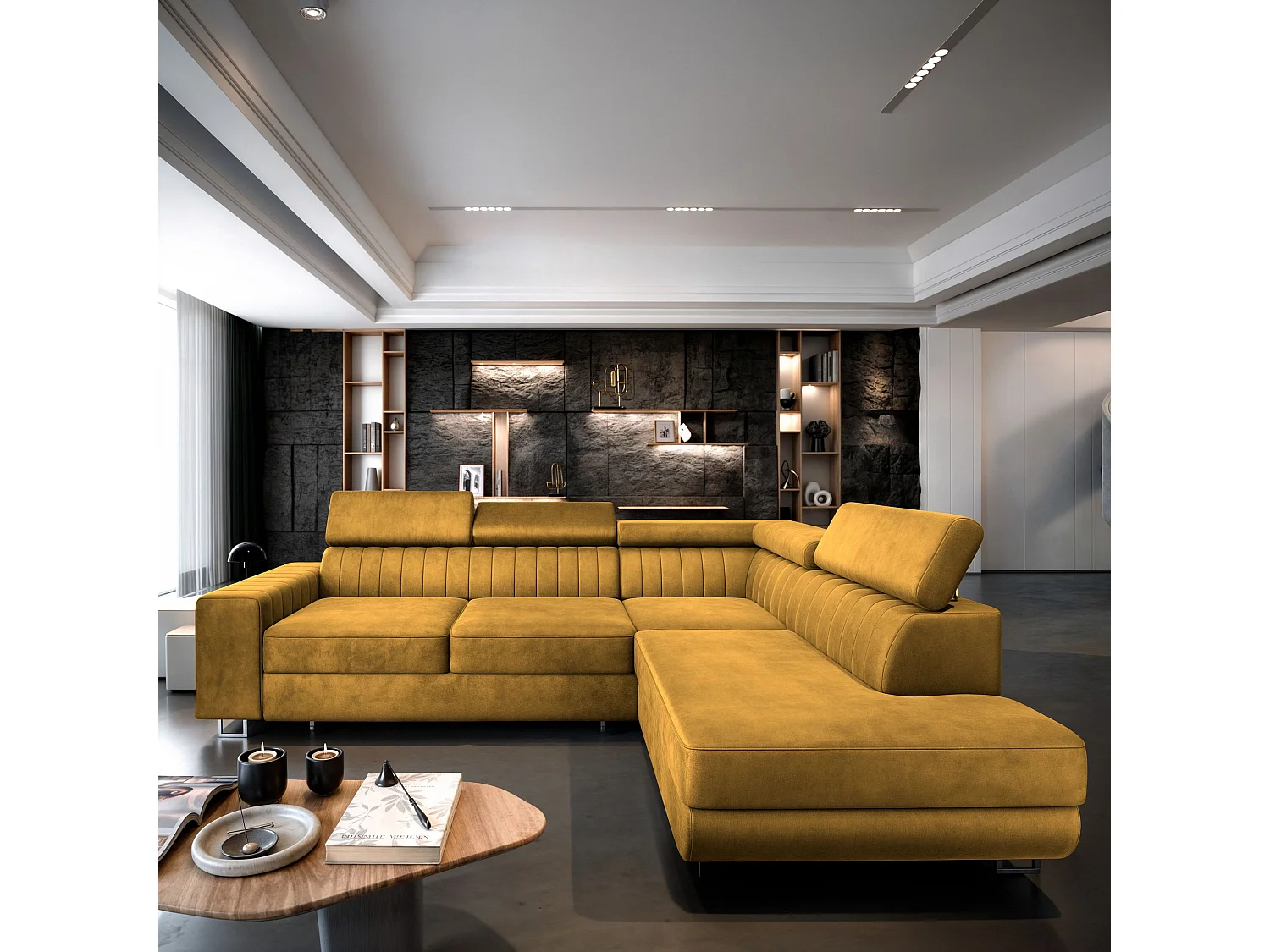 Hoekbank NOLA van fluweel met slaapfunctie Gelb