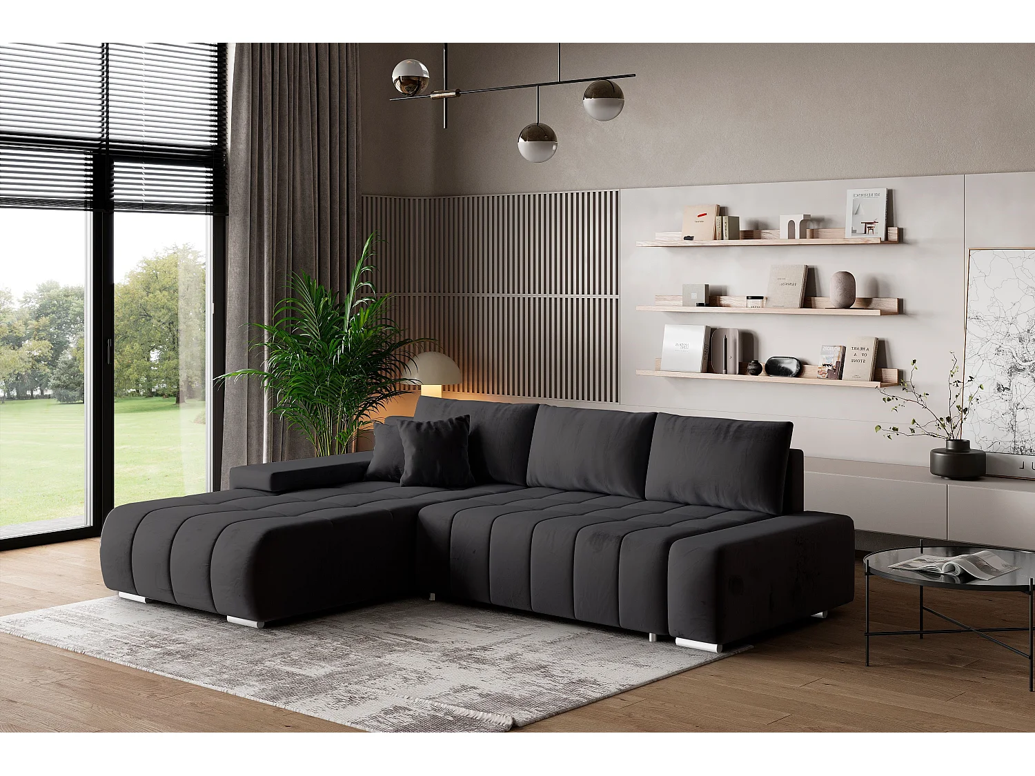 Canapé d'angle ALESE Noir en velours avec fonction de couchage