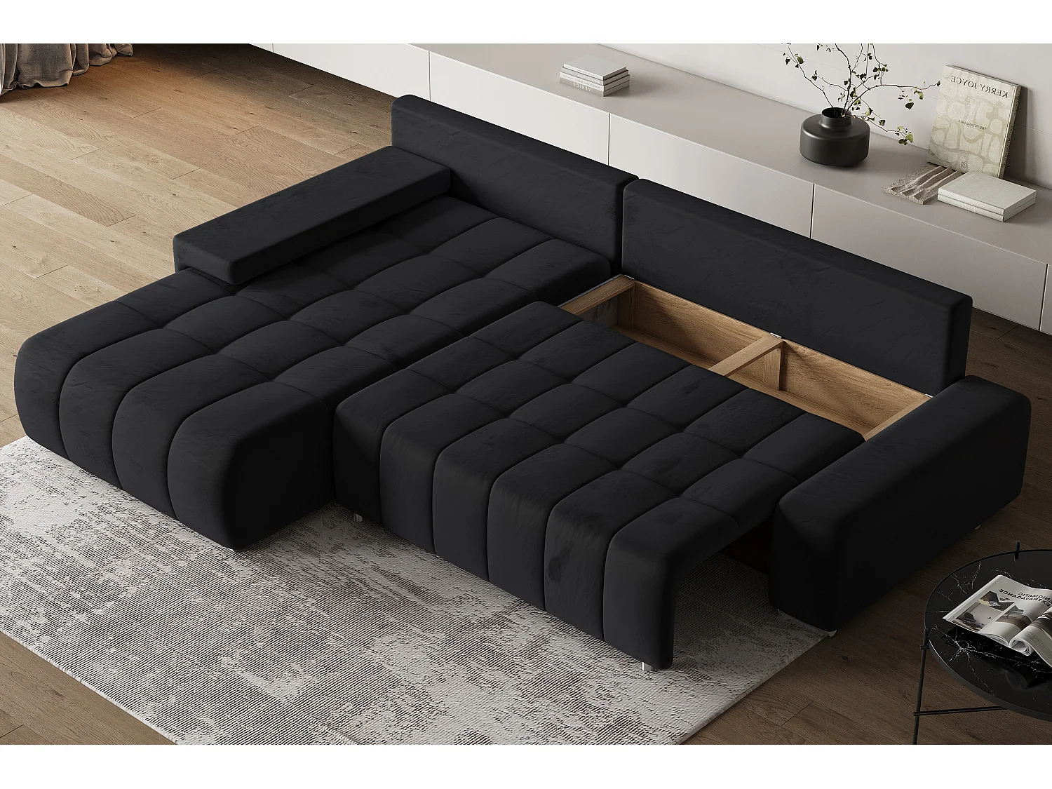 Hoekbank ALESE van fluweel met slaapfunctie Schwarz