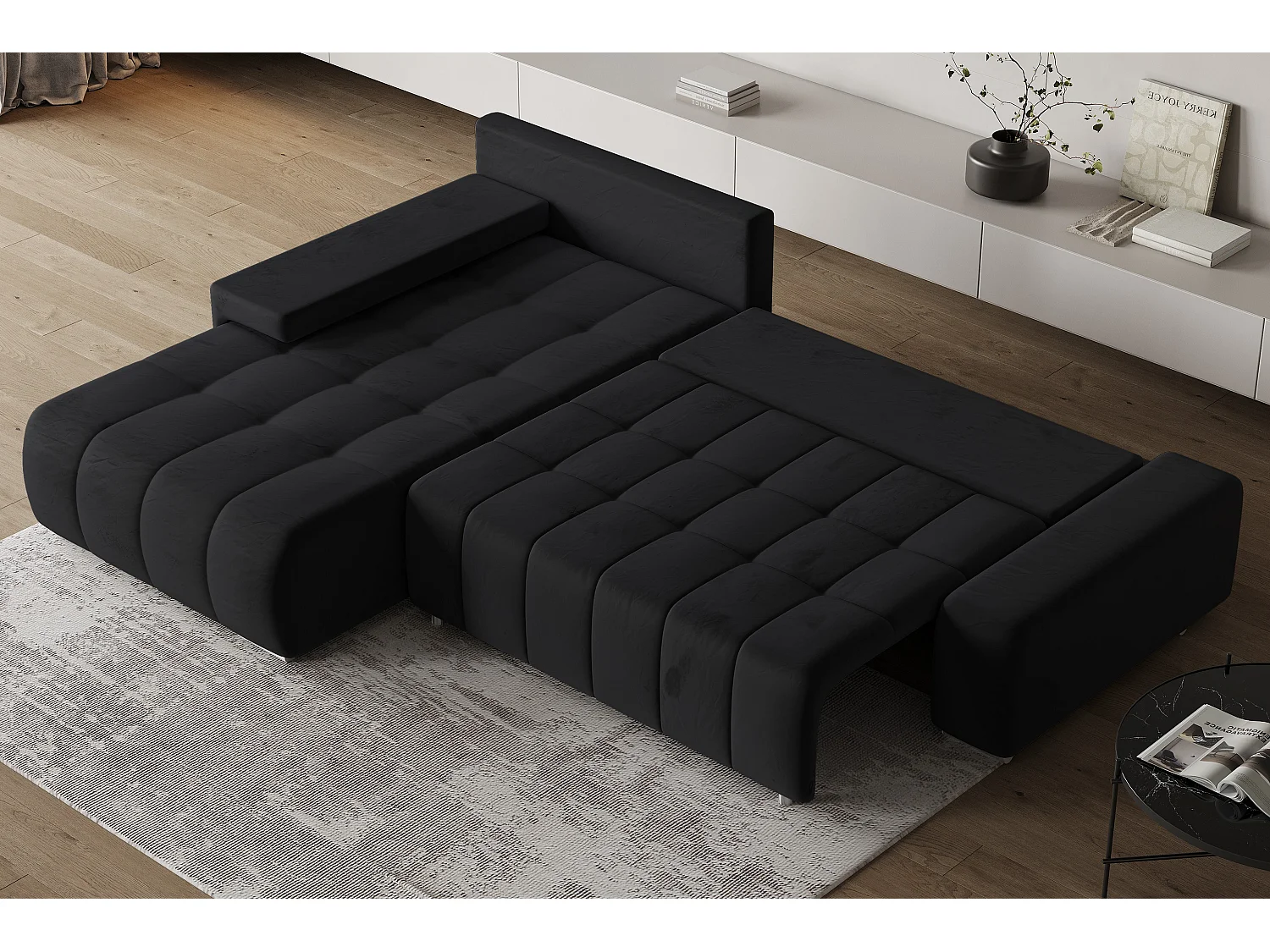 Hoekbank ALESE van fluweel met slaapfunctie Schwarz