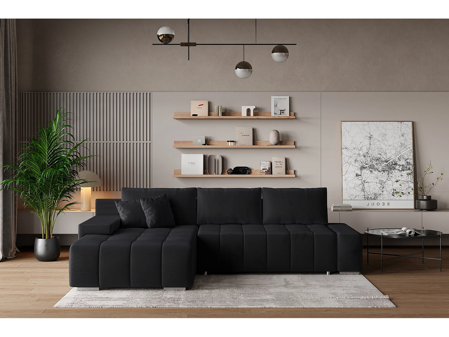 Hoekbank ALESE van fluweel met slaapfunctie Schwarz