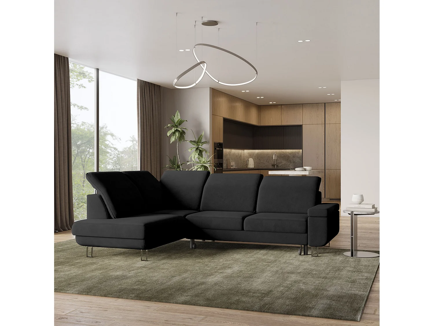 Canapé d'angle LERMA Noir en velours avec fonction de couchage