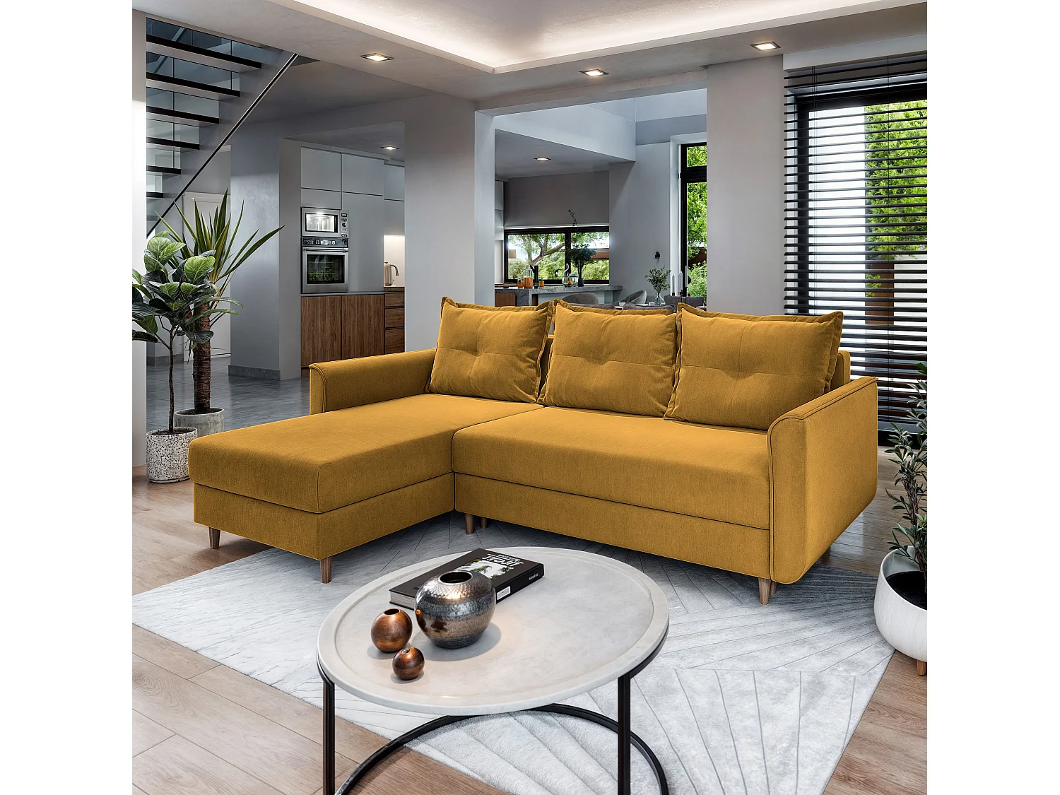 Canapé d'angle PISAN Jaune en peluche avec fonction de couchage