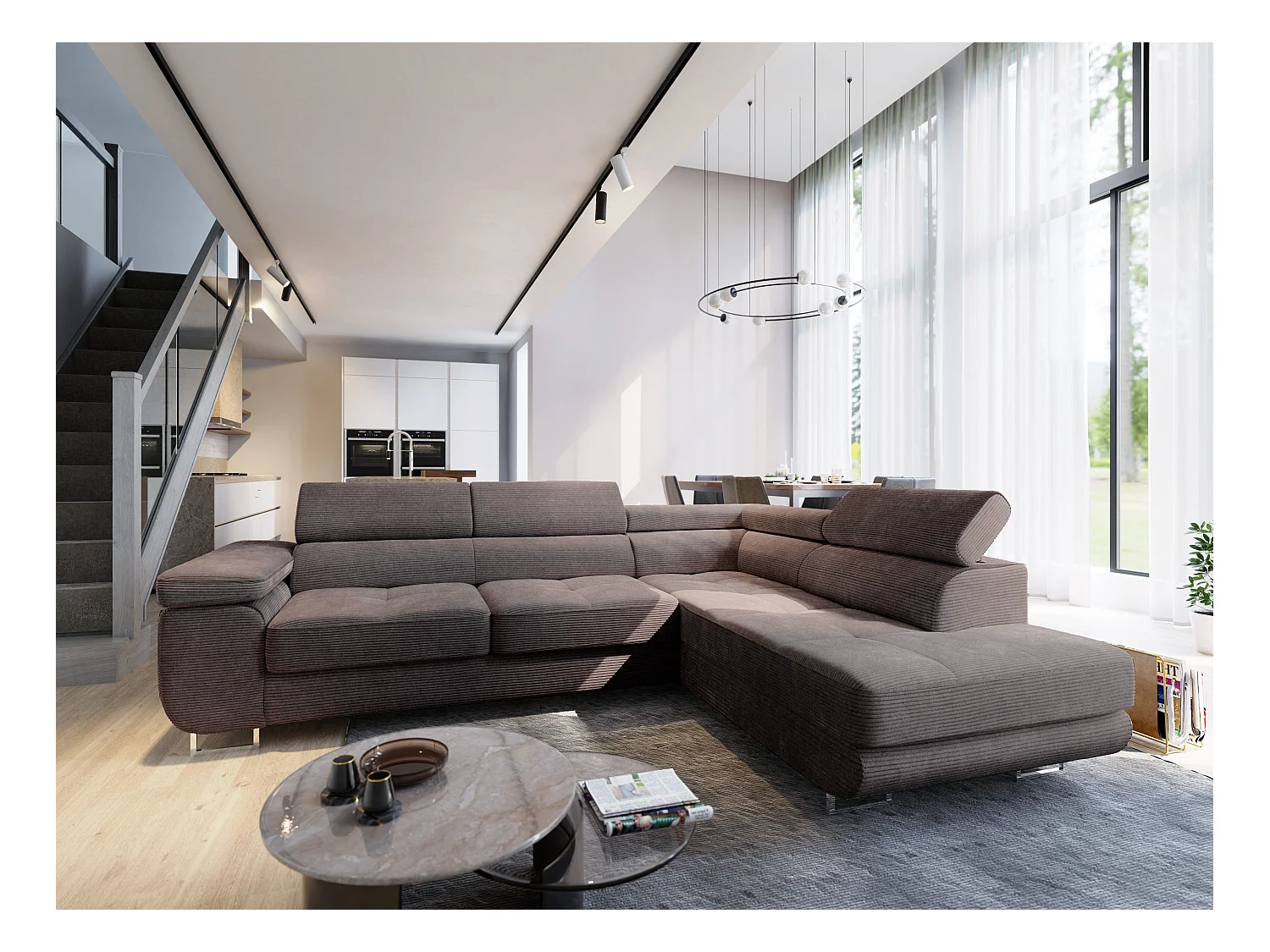 Canapé d'angle APIRO Marron en velours côtelé avec fonction de couchage