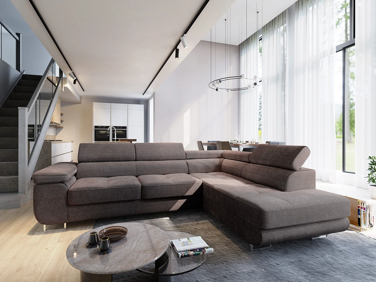 Canapé d'angle APIRO Marron en velours côtelé avec fonction de couchage