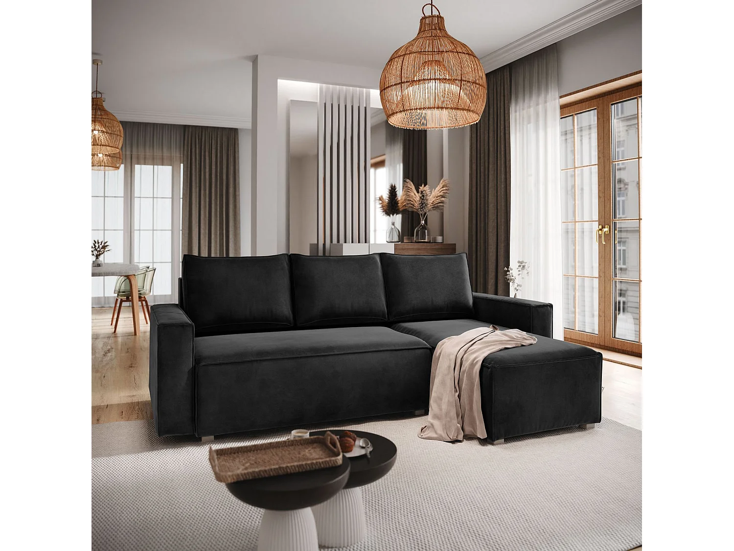 Canapé d'angle SILES Noir en velours avec fonction de couchage