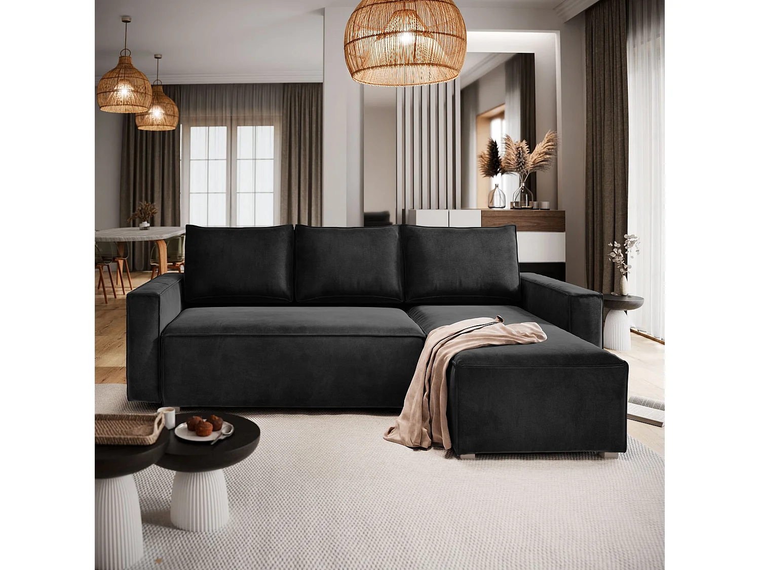 Canapé d'angle SILES Noir en velours avec fonction de couchage