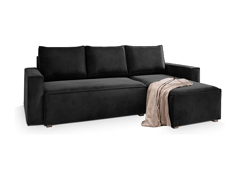 Canapé d'angle SILES Noir en velours avec fonction de couchage