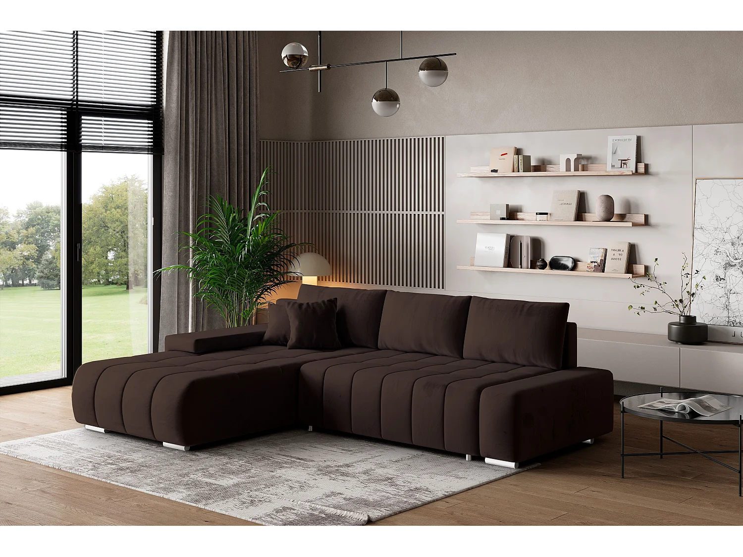 Canapé d'angle ALESE Marron en velours avec fonction de couchage