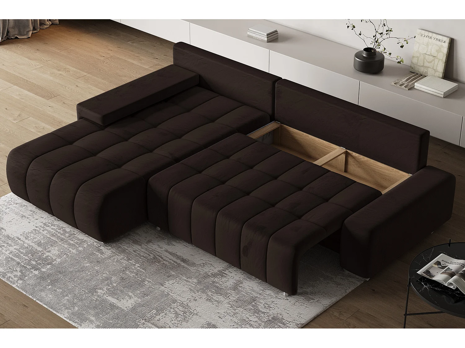 Hoekbank ALESE van fluweel met slaapfunctie Braun