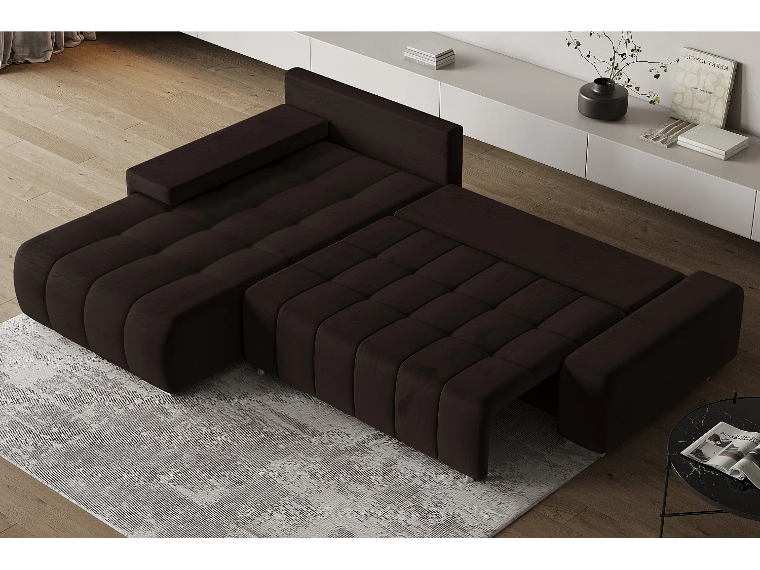 Hoekbank ALESE van fluweel met slaapfunctie Braun