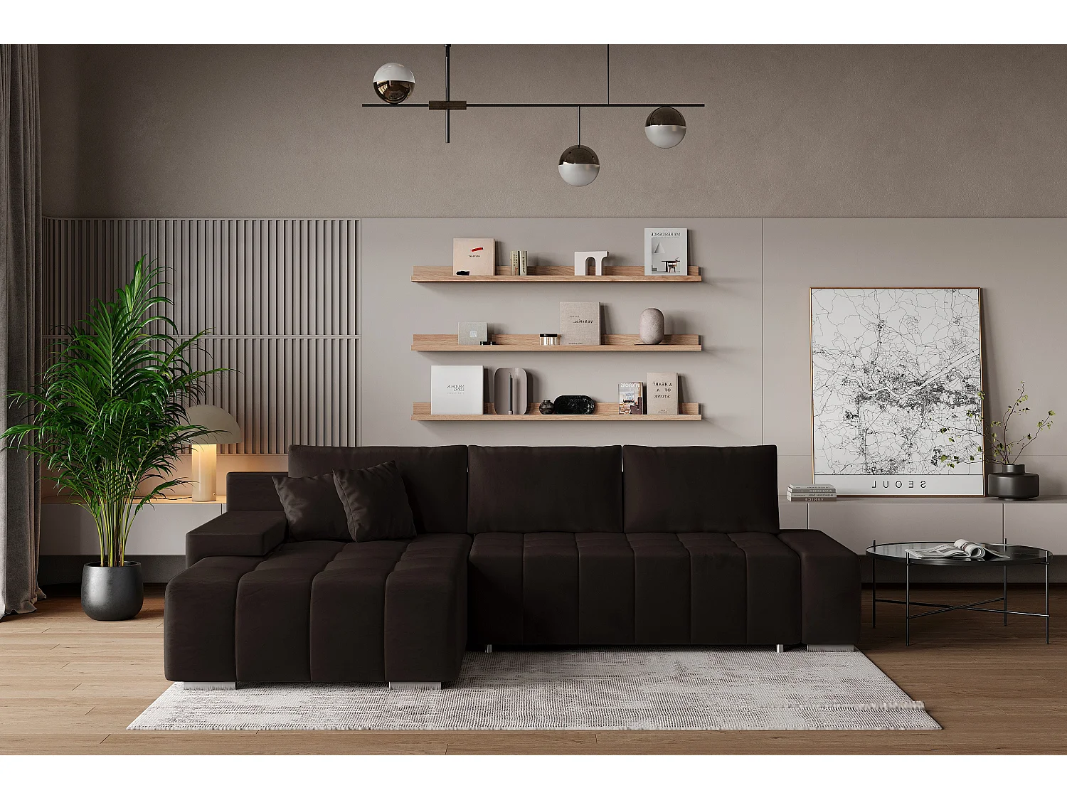 Hoekbank ALESE van fluweel met slaapfunctie Braun