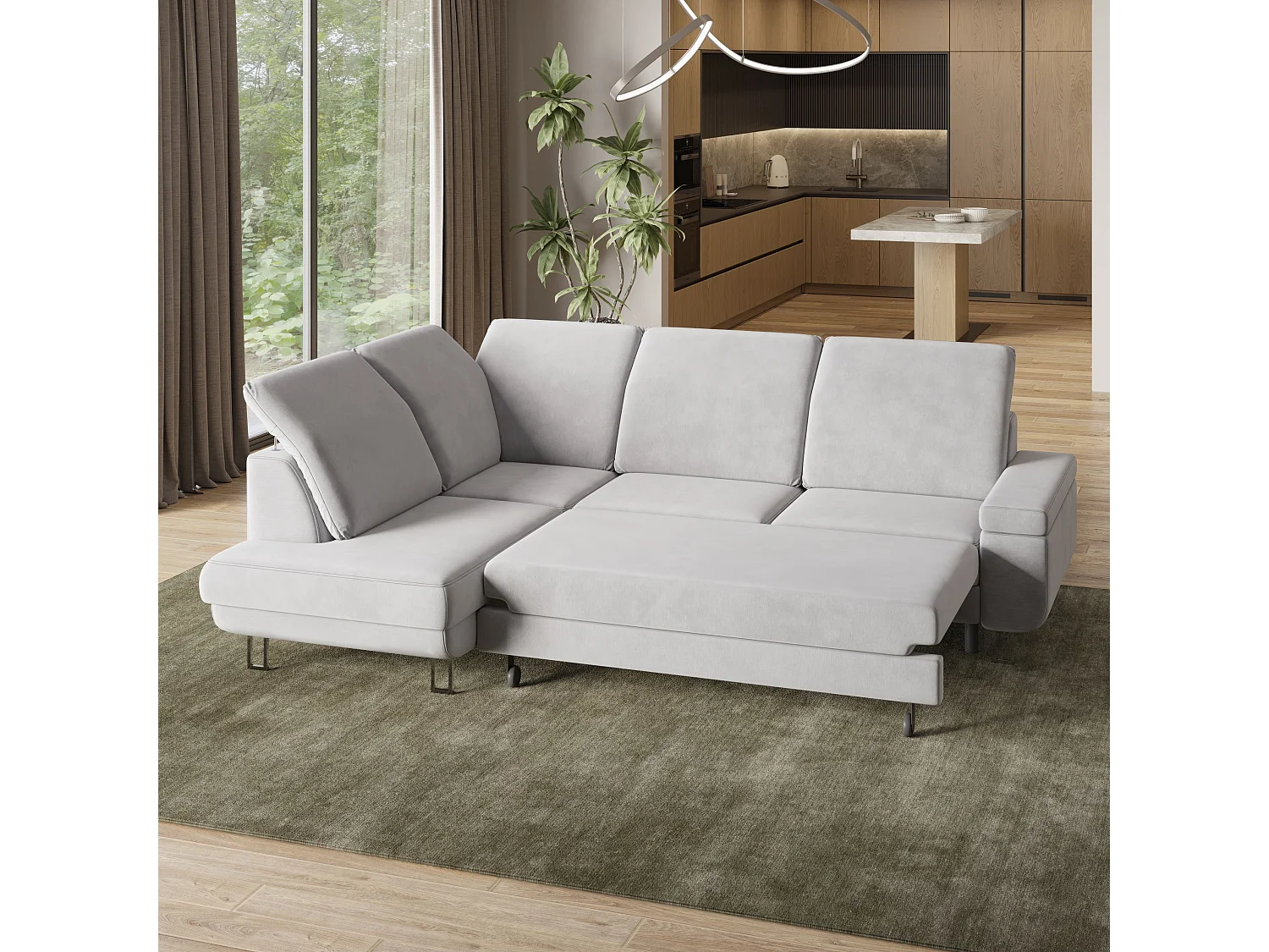 Canapé d'angle LERMA Crème en velours avec fonction de couchage