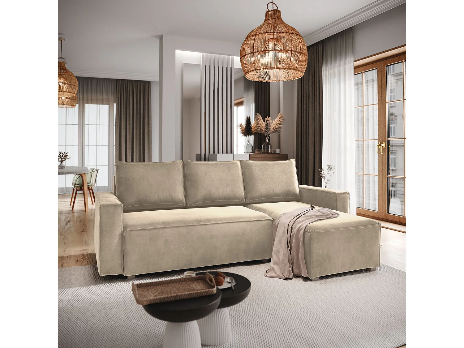 Canapé d'angle SILES Crème en velours avec fonction de couchage