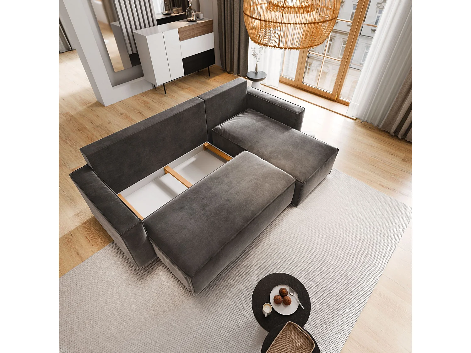 Canapé d'angle SILES Crème en velours avec fonction de couchage