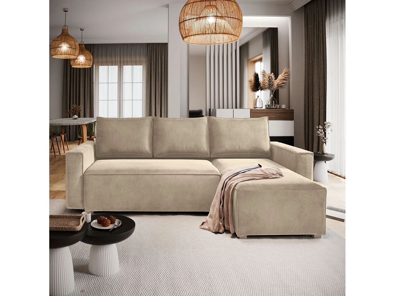 Canapé d'angle SILES Crème en velours avec fonction de couchage