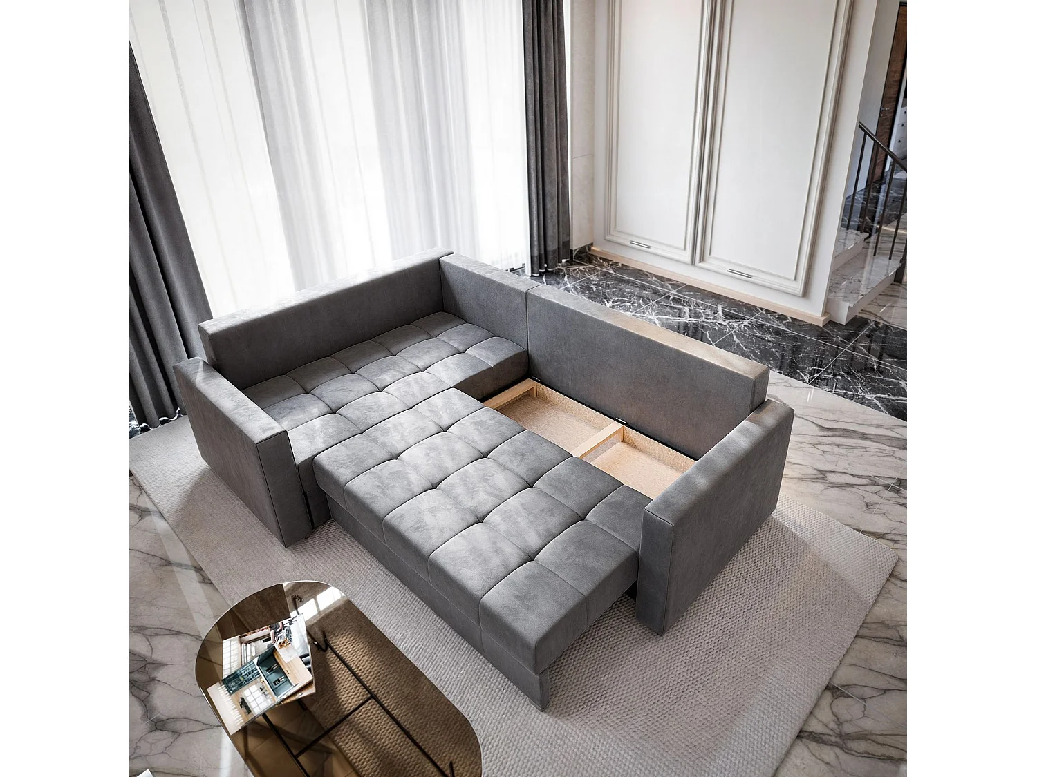 Canapé d'angle LIRENO Gris en peluche avec fonction de couchage