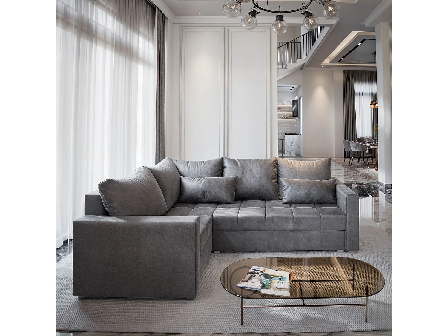 Canapé d'angle LIRENO Gris en peluche avec fonction de couchage