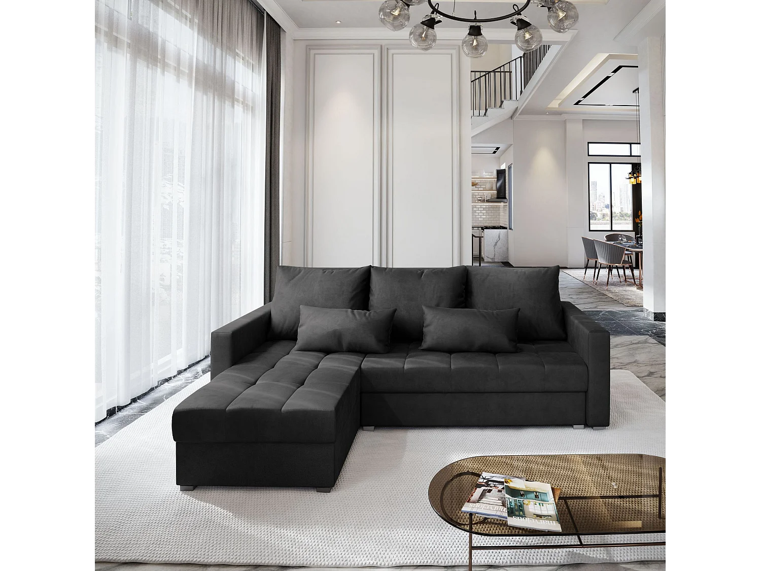 Canapé d'angle KOS Noir en velours avec fonction de couchage