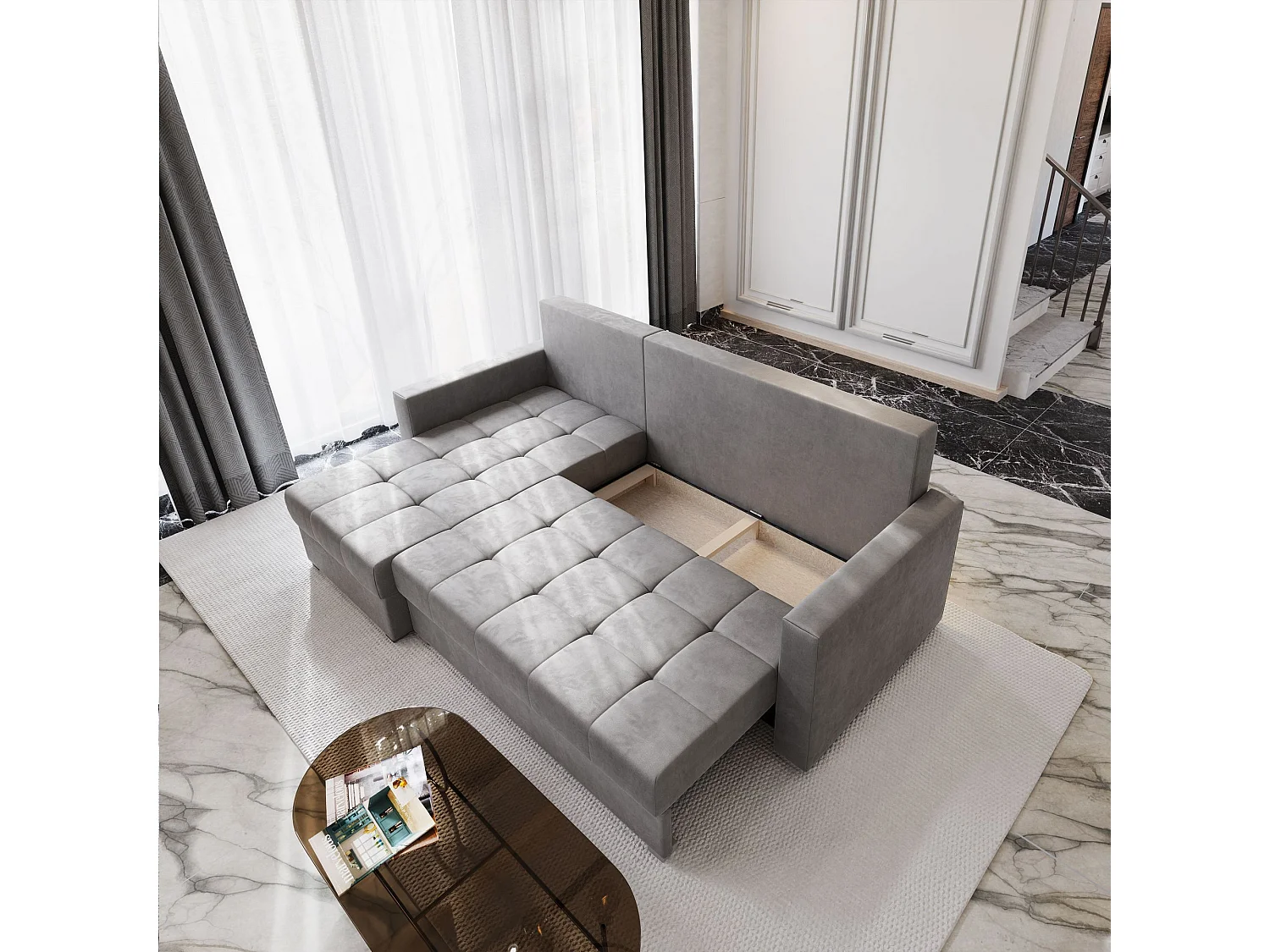 Canapé d'angle KOS Noir en velours avec fonction de couchage