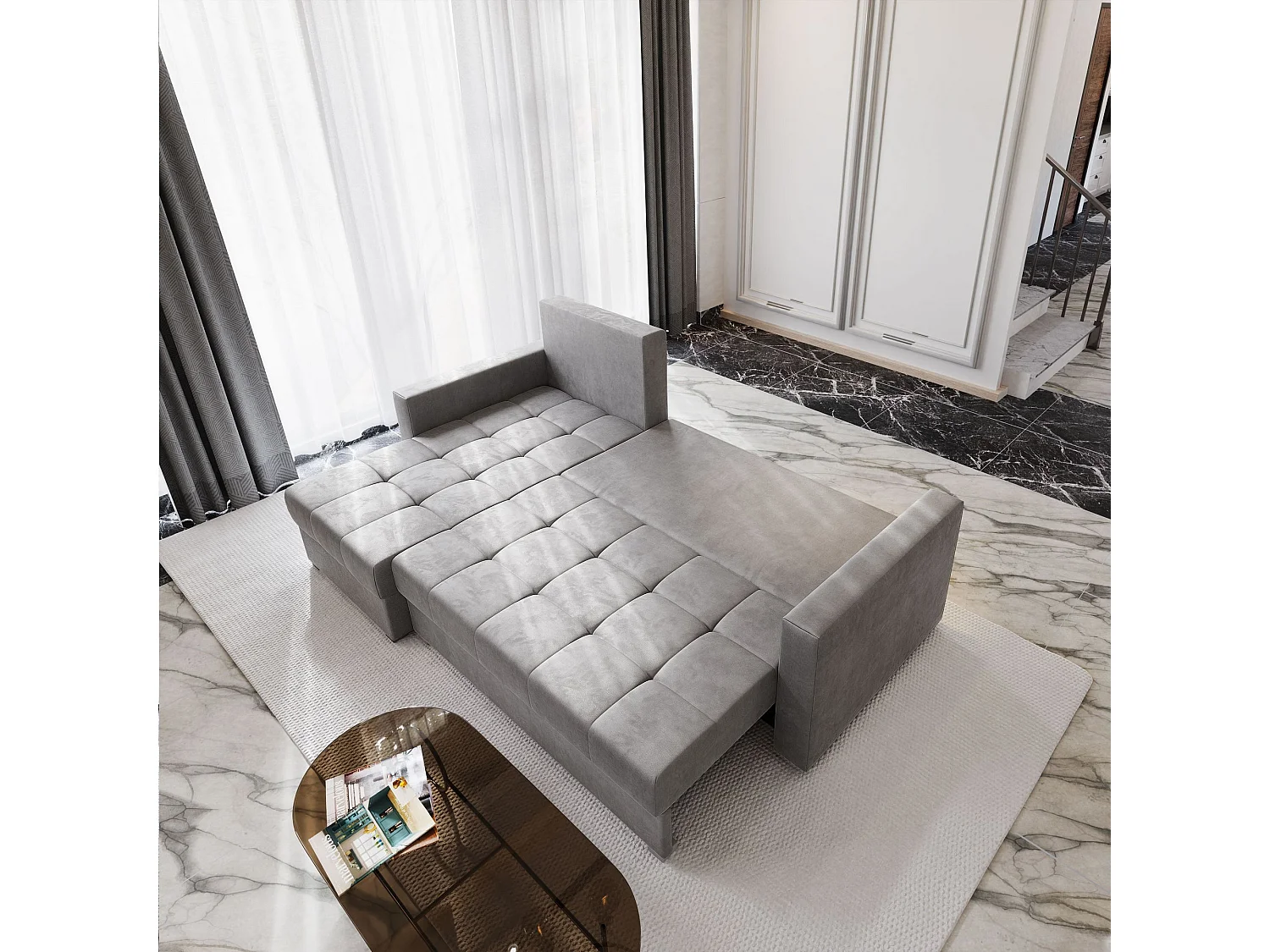 Canapé d'angle KOS Noir en velours avec fonction de couchage