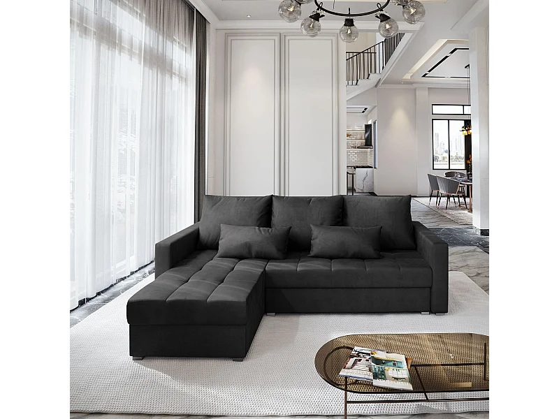 Canapé d'angle KOS Noir en velours avec fonction de couchage