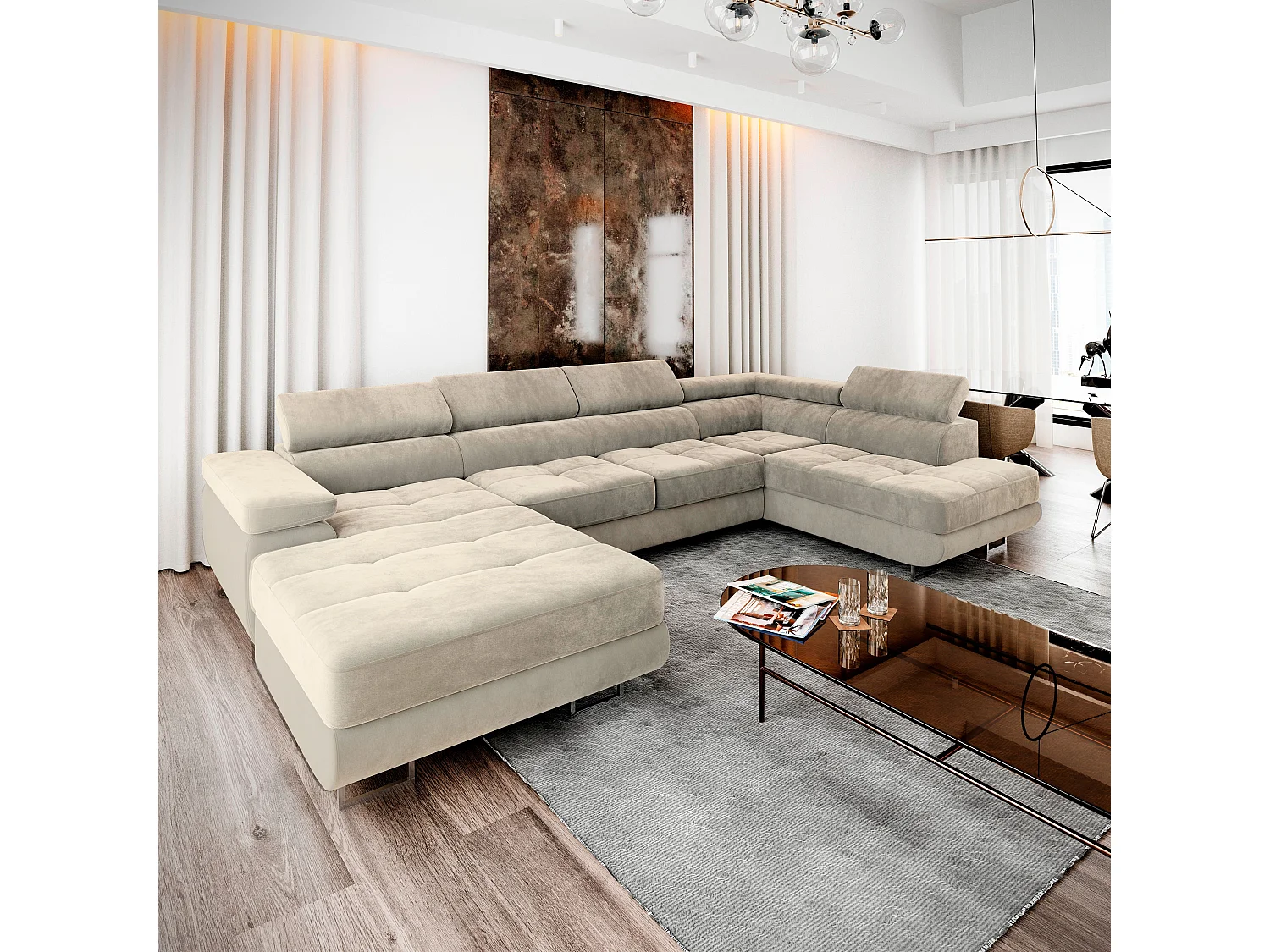 Canapé d'angle CASONE Crème en velours avec fonction de couchage