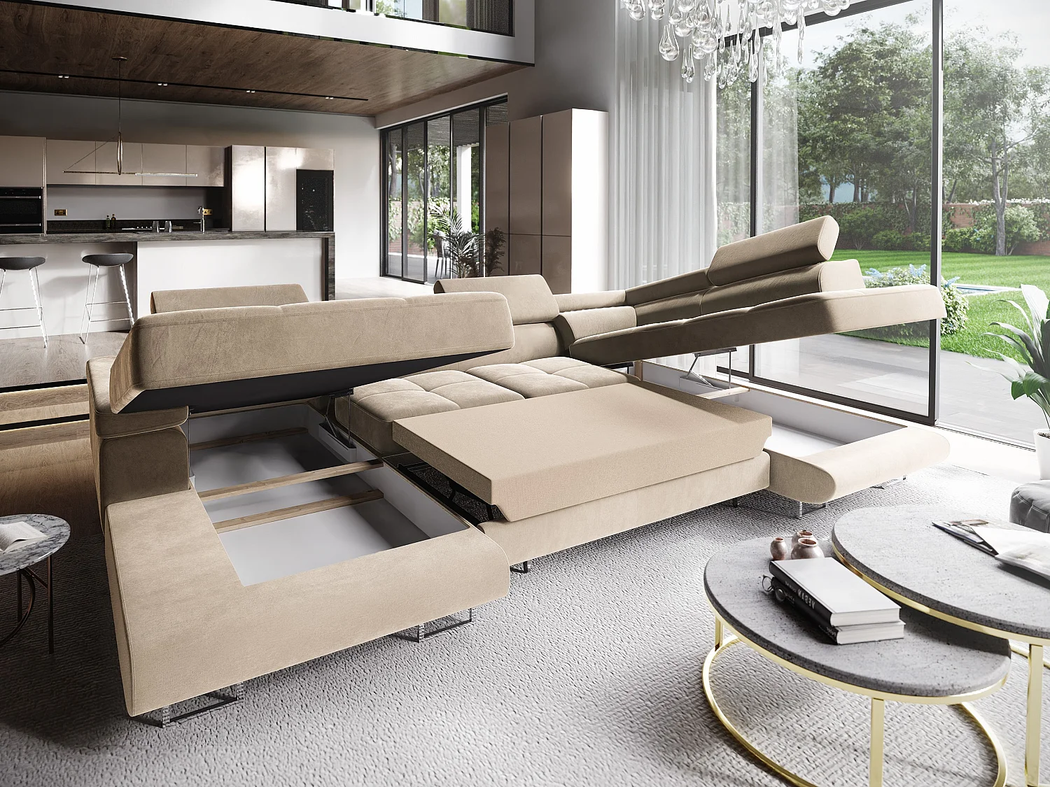 Canapé d'angle CASONE Crème en velours avec fonction de couchage