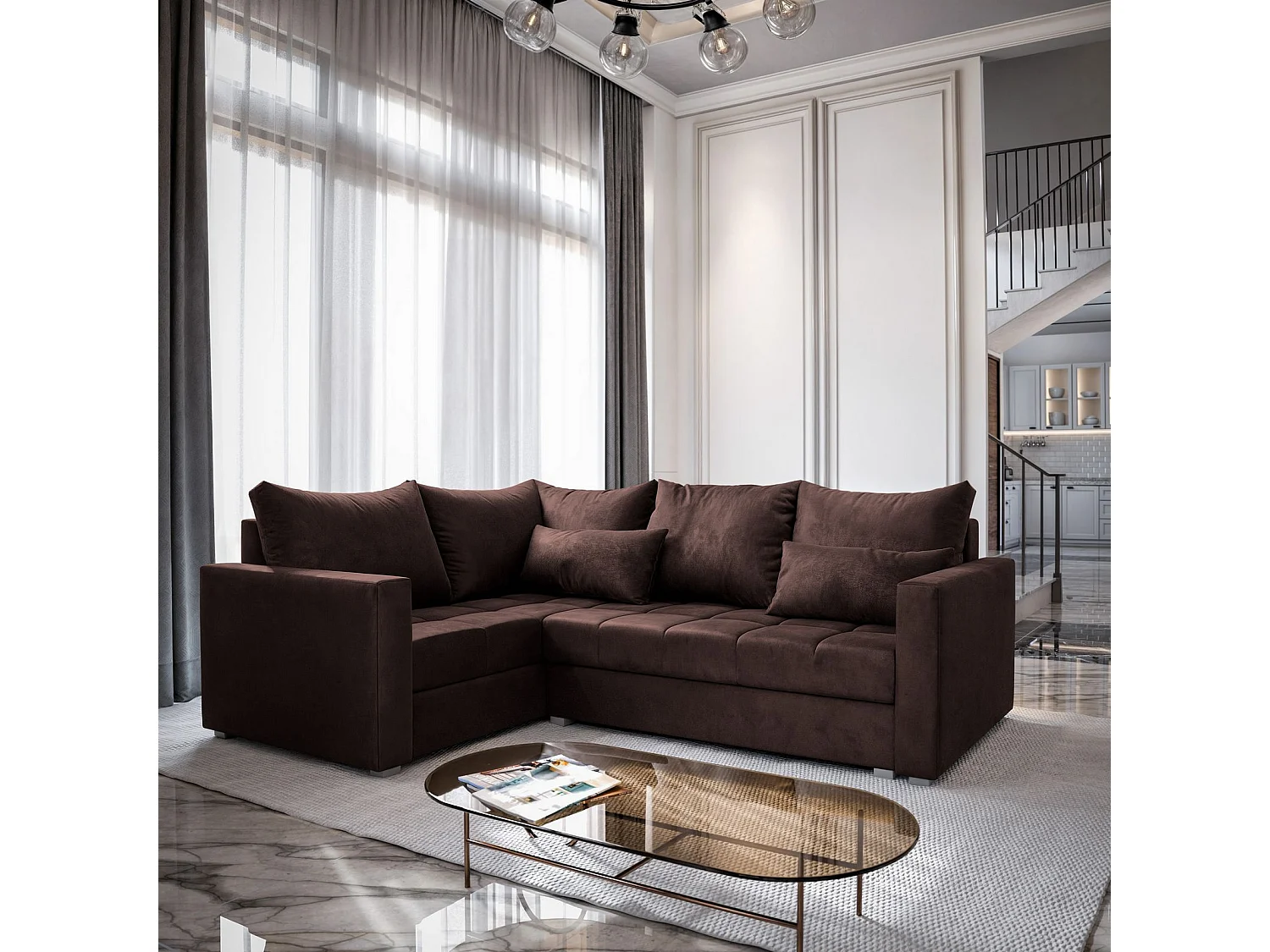 Canapé d'angle LIRENO Marron en peluche avec fonction de couchage